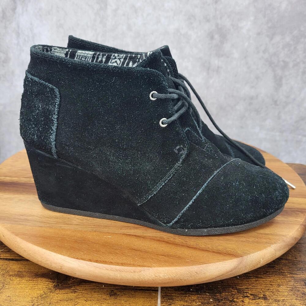 TOMS Ankle Boots Womens 10 Black Suede Desert Wedge Booties Comfort Shoes